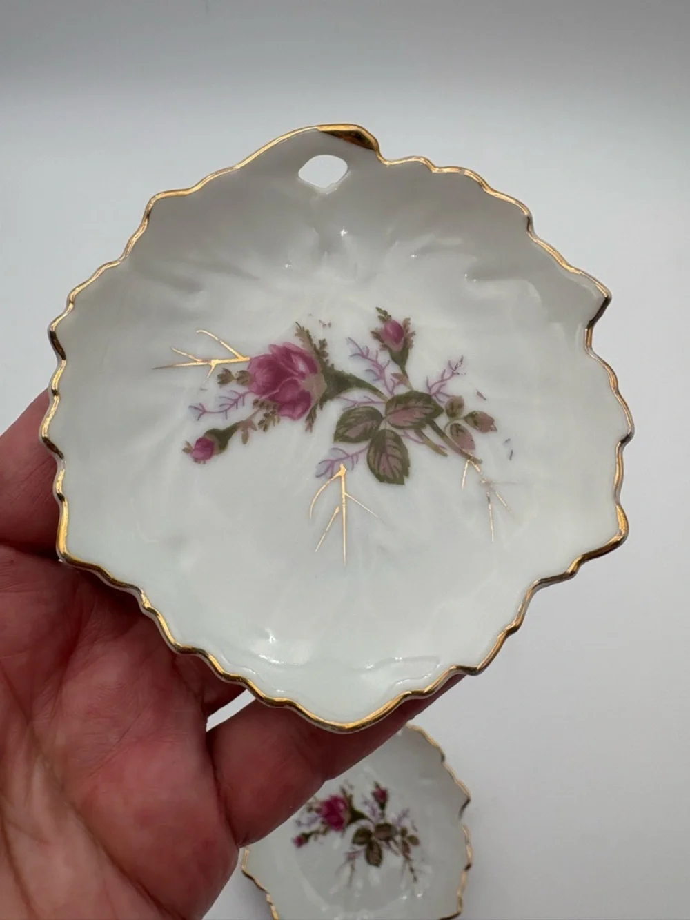 Vintage Pair of Japanese Small Trinket Dishes with Hand Painted Rose Detail